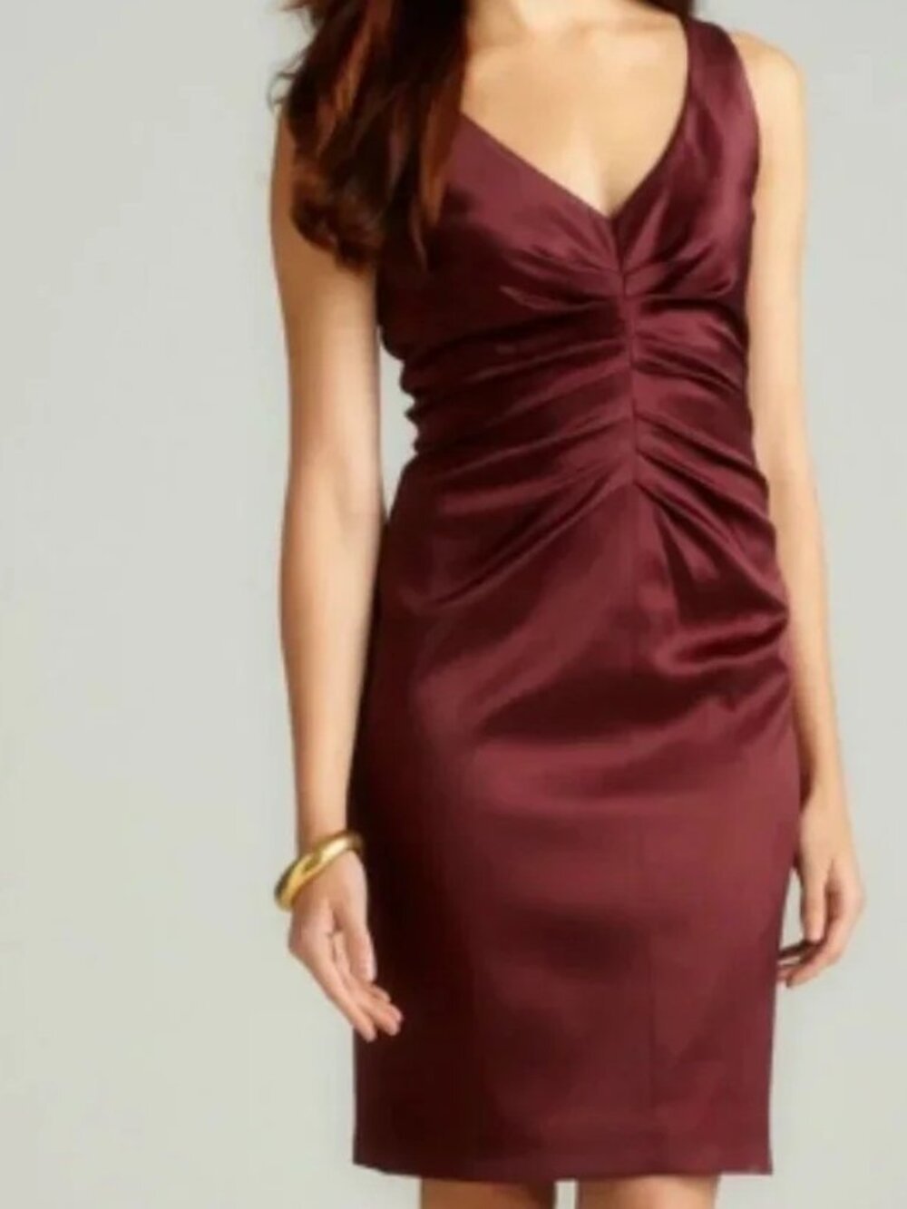 T Tahari Burgundy Satin Ruched V-Neck Mini Dress
